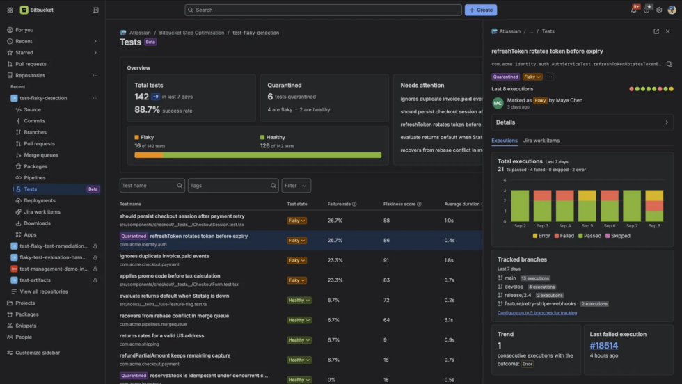 Monitor test health at a glance in Bitbucket Tests - Inside Atlassian