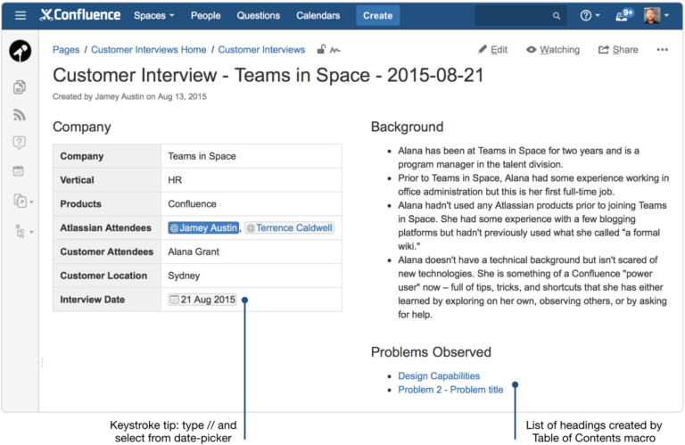 Creating insightful customer interview pages using Confluence