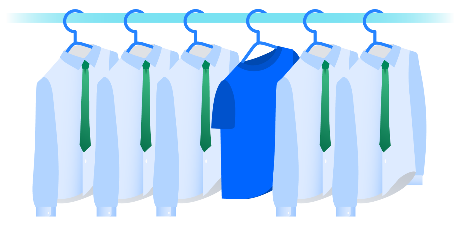 Illustration of coat rack with five identical hanging shirts with green ties and one blue t-shirt