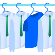 Illustration of coat rack with five identical hanging shirts with green ties and one blue t-shirt