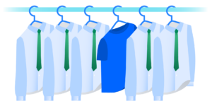 Illustration of coat rack with five identical hanging shirts with green ties and one blue t-shirt