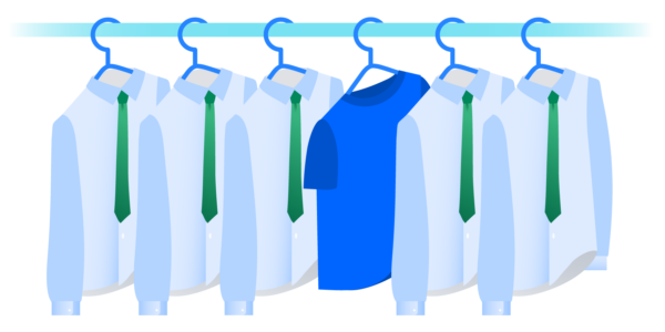 Illustration of coat rack with five identical hanging shirts with green ties and one blue t-shirt