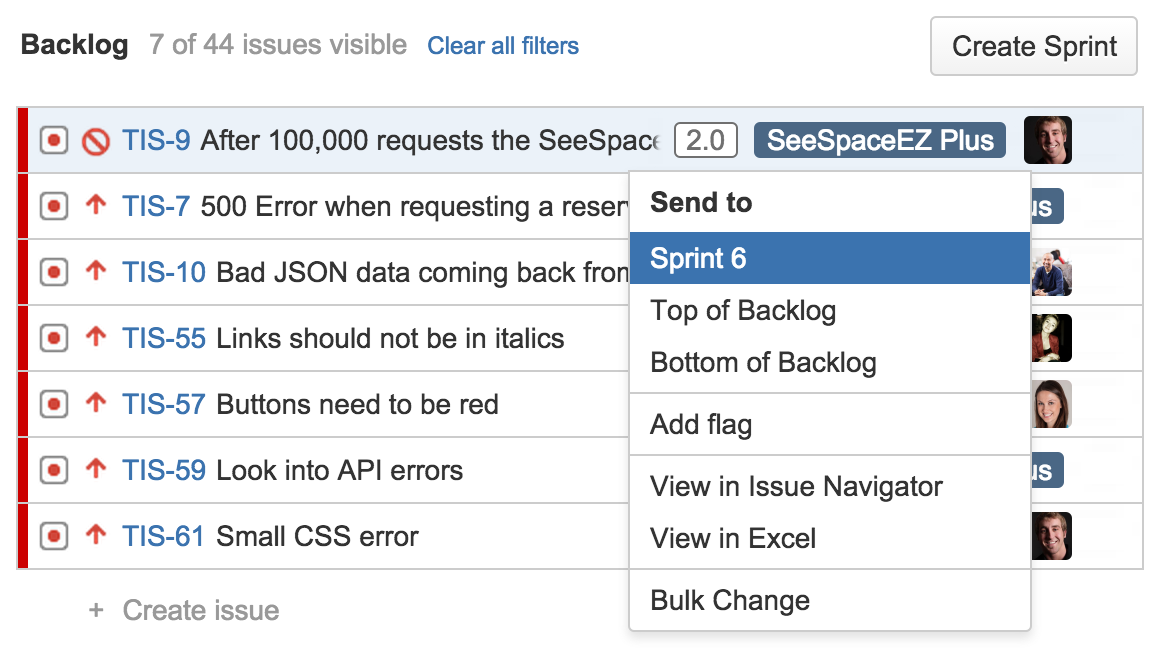 Issue of type “Sprint Planning Meeting”. Other issue types are