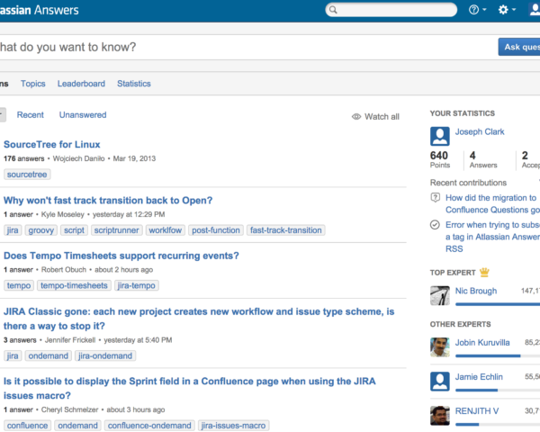 screenshot of new Atlassian Answers home page