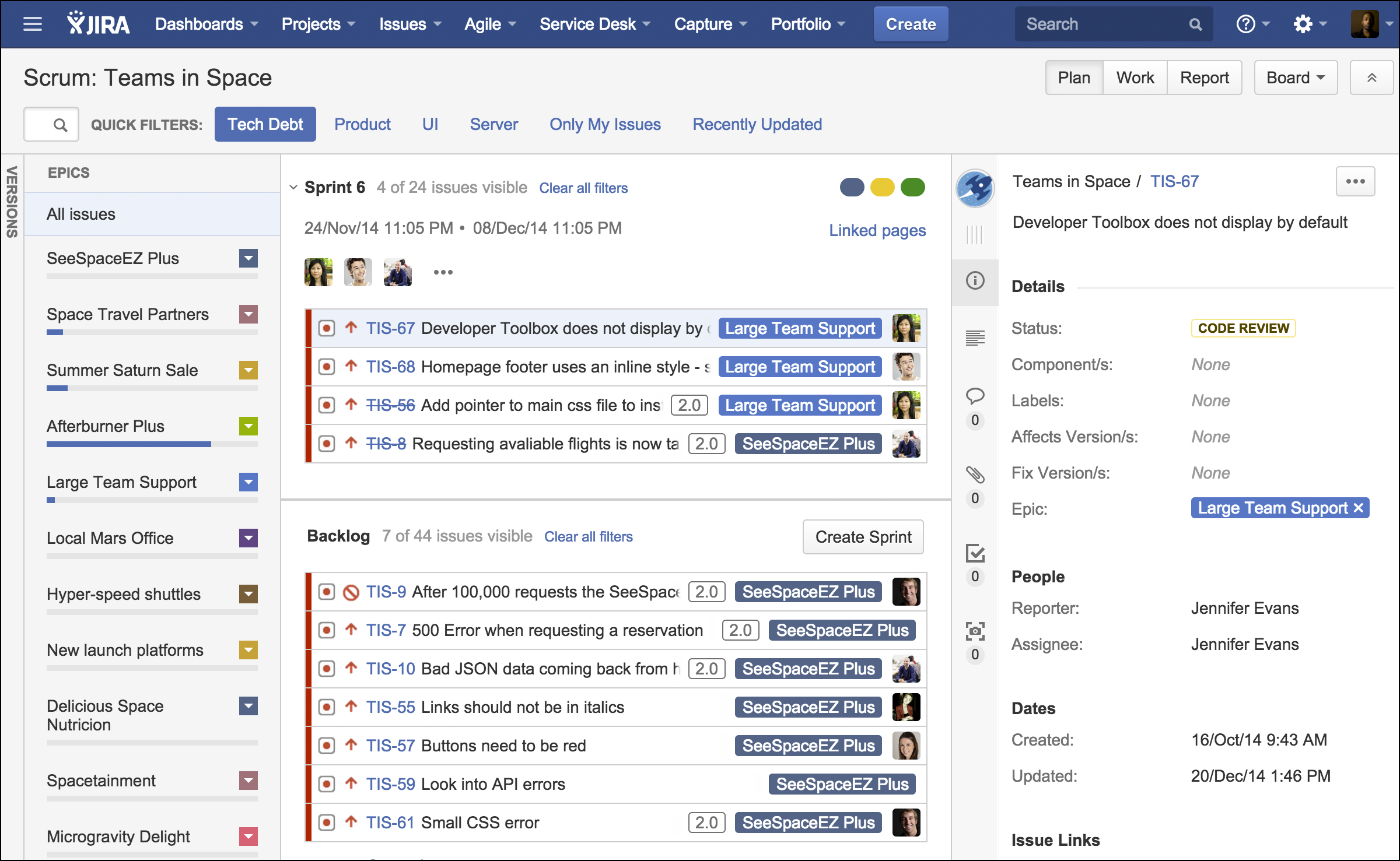 Screenshot of Jira dashboard with quick filter technical debt